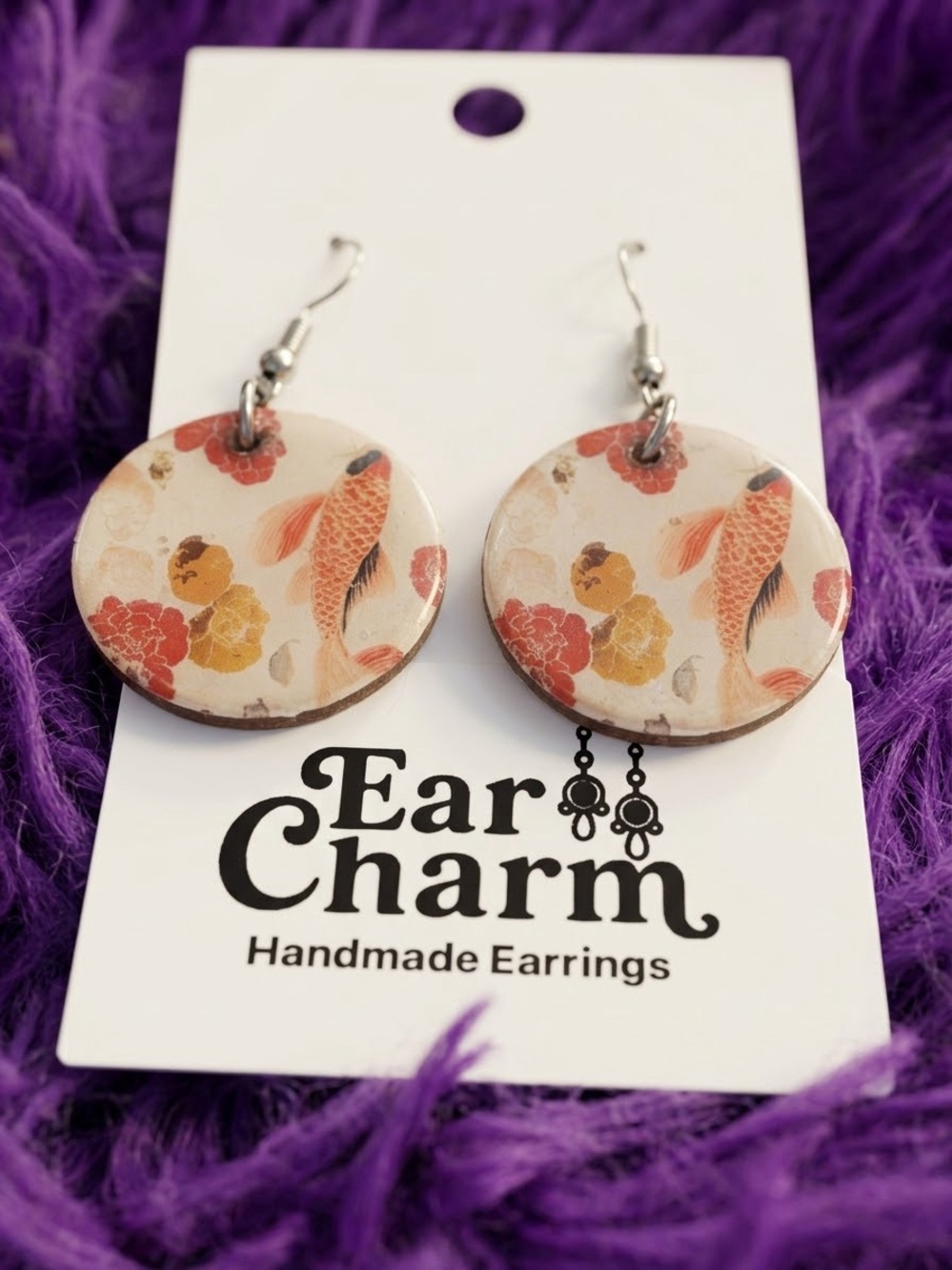 Handmade Peach Koi Fish Drop Earrings - New